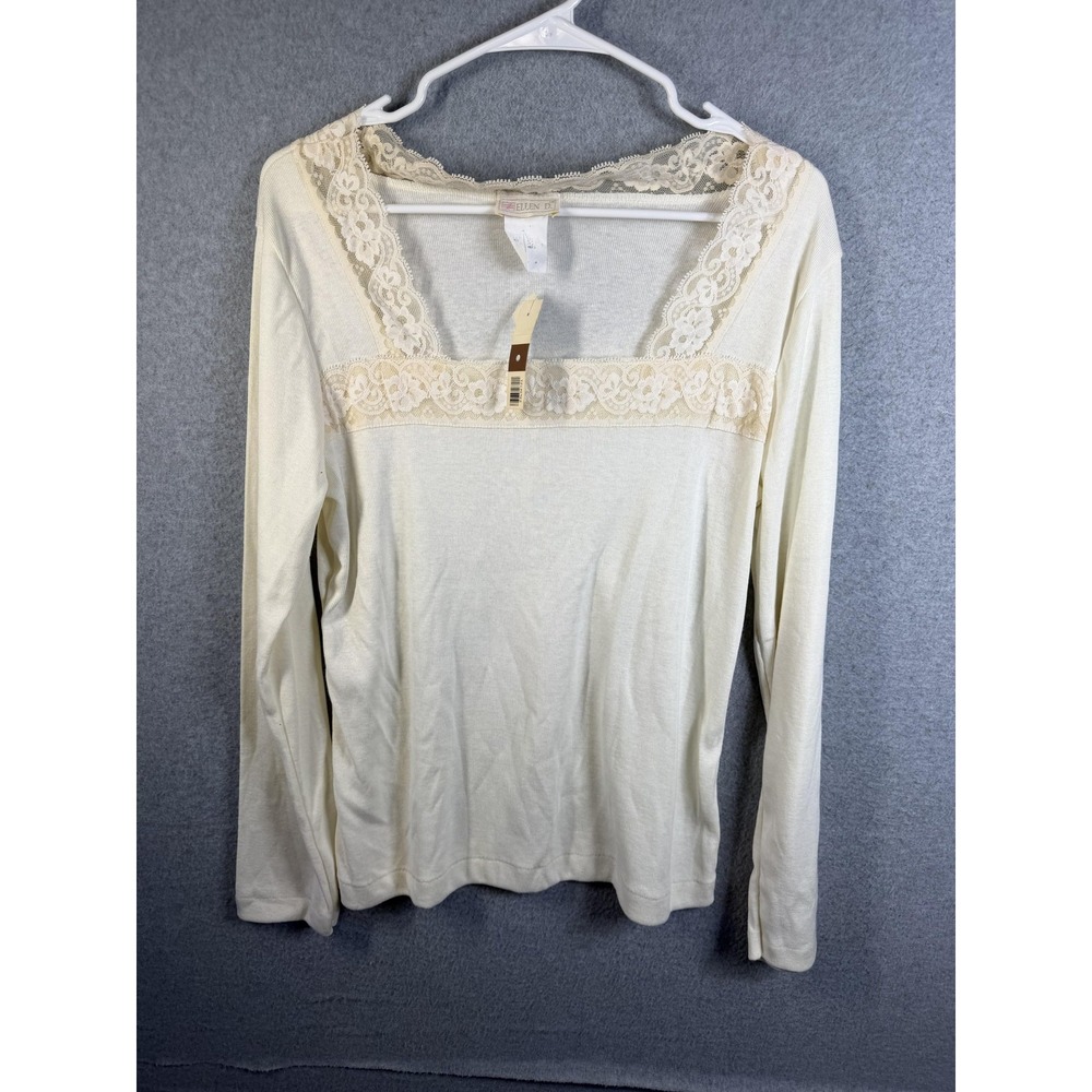 Vintage Ellen D. Blouse Womens Medium White Lace Square Neck Long Sleeve Top